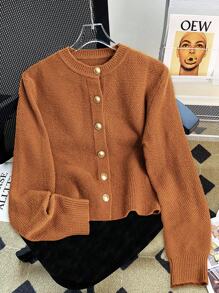 Franclia 女士休闲百搭纽扣针织开衫 - 鏽棕色 - 查看 1