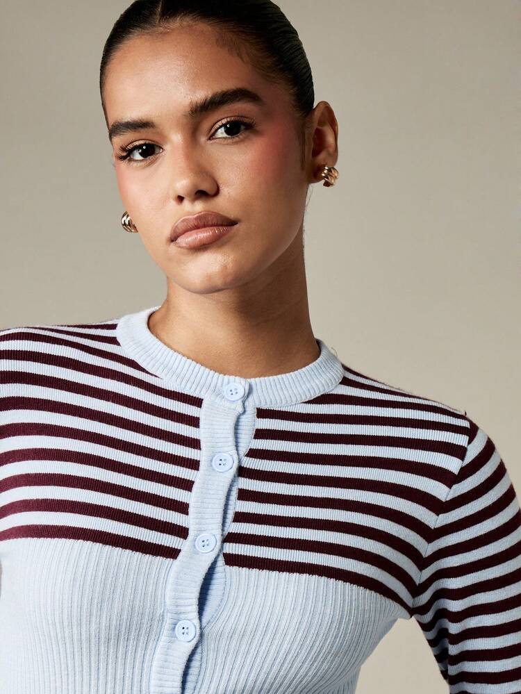 MISSGUIDED Button Front Knit Cardigan With Ribbed Stripe Pattern