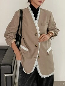 DAZY Women's V-Neck Lace Patchwork Contrast Color Decor Loose Casual Blazer Business Attire
