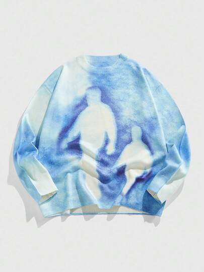 Street Life Men's Crew Neck Human Print Knit Sweater, Street Fashion, Fall/Winter