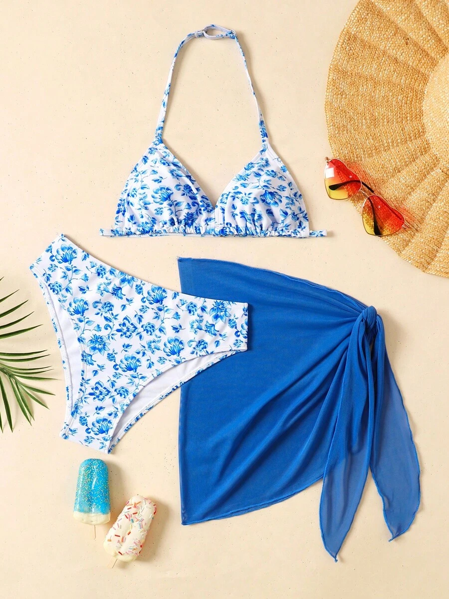 SHEIN Conjunto de bikini floral para niñas preadolescentes, atuendo de playa, ocio de vacaciones, viaje a la , conjunto de traje de baño de tres piezas, traje de baño con falda, traje de baño de tres piezas, traje de baño de niña con pareo, bikini floral con falda - Azul menta - Ver 1