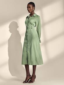 Chiquease Women's Elegant Patchwork Waist Loose Long Sleeve Midi Dress - Green - View 4