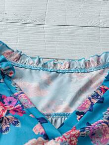 Breezaya Áo cánh tay ngắn dáng rộng cổ chữ V in hoa màu hồng dành cho nữ - Màu xanh lam - Xem 3