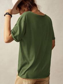 Bohemela 女士休闲纯色V领短袖宽松T恤 - 軍綠色 - 查看 6
