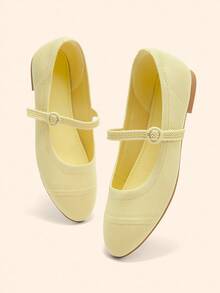 CUCCOO BASICS 女士时尚浅黄色面料舒适透气玛丽珍平底鞋，适合通勤、约会、派对、度假 - 黃色 - 查看 4