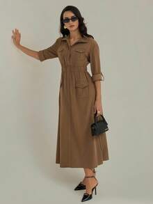 Modelyn 纯色纽扣前半襟收腰口袋翻盖连衣裙，女士休闲口袋七分袖领口常规版型长款卡其色粘胶卷袖纯色衬衫女式长裙，春/秋，休闲日常穿着超长女装 - 咖啡棕 - 查看 3