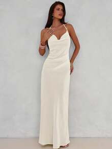 Aloruh 女士性感优雅低胸露背串珠链条装饰修身连衣裙 - 杏色 - 查看 2