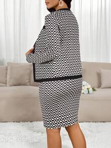 SHEIN Lady 2pcs Women's Elegant Geometric Print Jacket And Dress Set, Suitable For Commuting - Multicolor - View 2