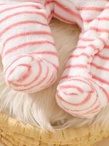 2pcs Unisex Baby Clothes Set: Fleece Zip-Up Footie Jumpsuit In Pink Striped Pattern + Pink Heart Design Chic Outfits For Autumn/Winter Fall - Pink - View 5