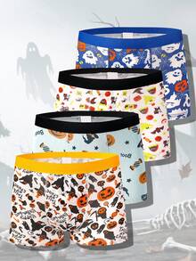 4pcs Boys' Halloween Pumpkin & Ghost Graphic Comfortable Boxer Briefs