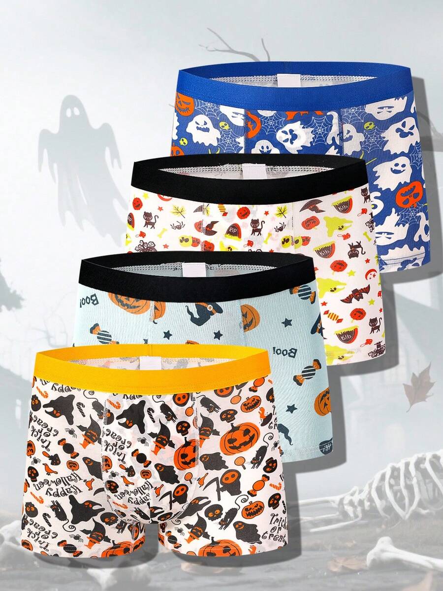 4pcs Boys' Halloween Pumpkin & Ghost Graphic Comfortable Boxer Briefs