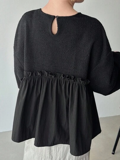 FRIFUL Women's Patchwork Ruffle Hem Oversized Sweatshirt, Solid Color, Autumn