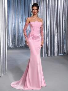 Glamrae Elegantes rosa Trägertop mit asymmetrischem Ausschnitt (abnehmbar) und wunderschönen Mesh-Pailletten, Langarm, Fischschwanz-Patchwork-Taille, plissierte Verzierung, glänzender Satin-Fischschwanz-Schleppe, geeignet für Date, Urlaub, Hochzeit und Veranstaltung, schweres Abendkleid (Herbst und Winter), Herbstkleider für Frauen