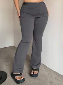 Dazy Plus Plus Size Women Solid Color Elastic Fitted Flare Leg Pants, Casual High Waist Trousers