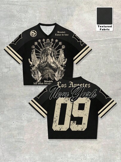 Prep Men's V-Neck Angel & Number Print Casual Versatile Short Sleeve T-Shirt, Summer