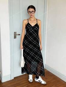 SHEIN 少女格子无袖休闲连衣裙，简约格纹吊带连衣裙，复古百搭轻盈假日风格