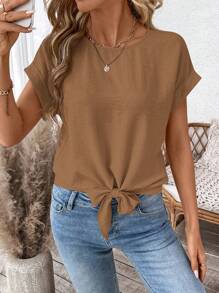 SHEIN LUNE Áo kiểu nữ tay ngắn buộc dây màu trơn, kiểu dáng thường ngày, cơ bản, thích hợp cho mùa xuân/hè, phong cách thường ngày. - màu nâu - Xem 3