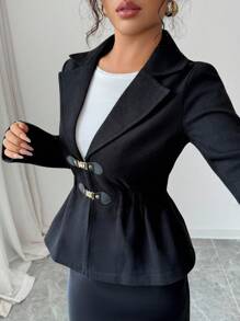 SHEIN LUNE Black Lapel Collar Long Sleeve Button-Up Formal Overcoats For Women Fall Winter Cloth For Women - Black - View 3