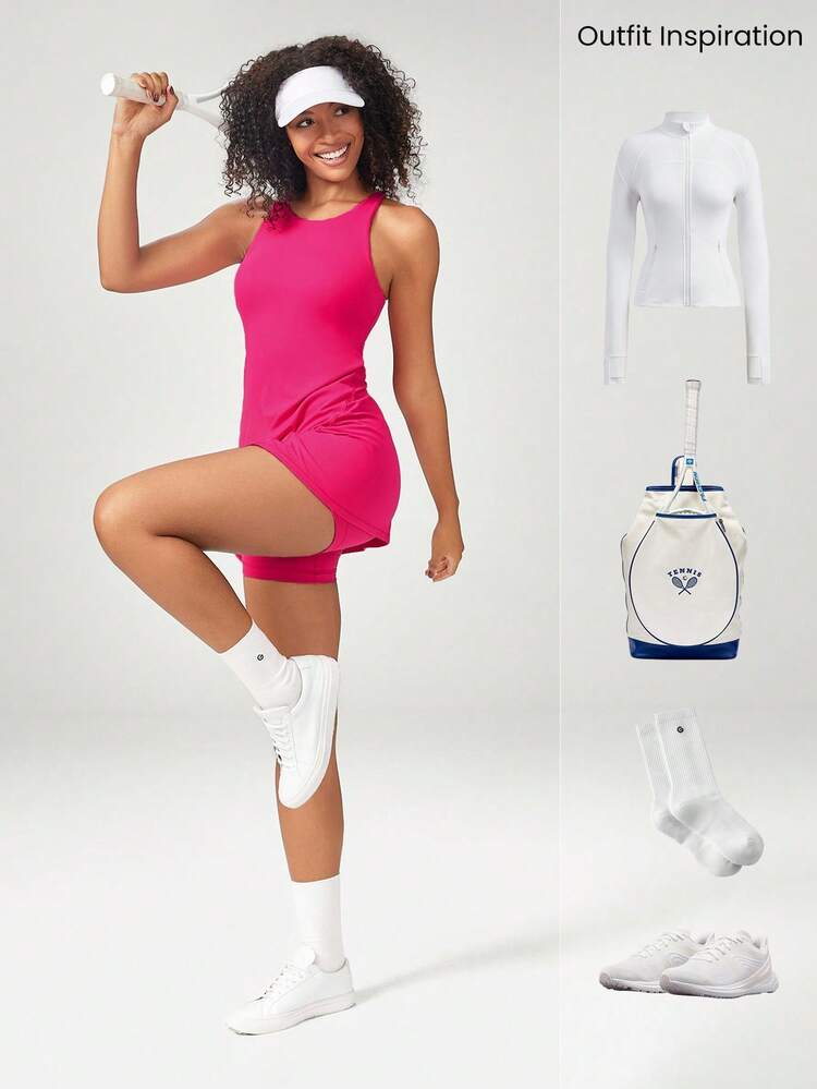 GLOWMODE FeatherFit™-Air Peekaboo 镂空口袋多功能运动连衣裙，内置短裤，轻度支撑，低冲击瑜伽日常夏季 - 熱帶粉紅色 - 查看 7