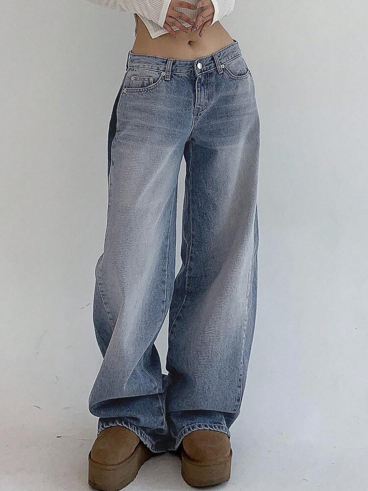 Women's Pocket Loose Wide Leg Casual Versatile Jeans