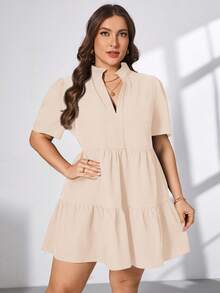 SHEIN Essnce Váy ngắn màu đen tay ngắn cổ chữ V, thời trang xuân hè rộng rãi thoải mái cho nữ cỡ lớn, trang phục mùa hè cho nữ, váy thanh lịch cho nữ, váy đi biển cho nữ, phong cách quý tộc cổ điển cho nữ, trang phục đi nhà thờ cho nữ, trang phục công sở, váy đi làm, trang phục ăn trưa cho nữ, váy bầu, tiệc mừng em bé - Màu be - Xem 7