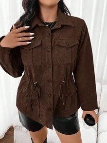 SHEIN Frenchy Plus Flap Pocket Drawstring Waist Jacket,Barnfit,Barn In Fall/Winter - Chocolate Brown - View 4