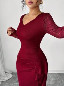 Modelyn 女式纯色撞色蕾丝长袖褶皱腰开衩连衣裙 - 酒紅色 - 查看 9