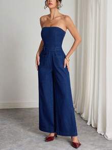 Elenzga 女式露肩口袋设计阔腿时尚牛仔连体裤 - 藍色 - 查看 5