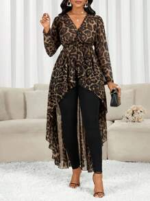 SHEIN Lady 女式豹纹V领前短后长袖衬衫 - 彩色 - 查看 6