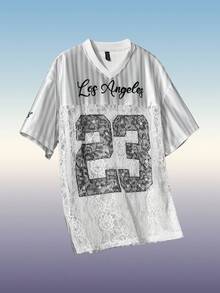 ROMWE MEN Prep Áo nỉ cổ chữ V màu trắng có in chữ "Los Angeles" và số "23" màu đen đậm ở ngực - trắng - Xem 4