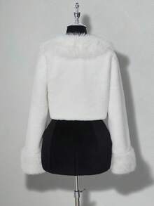 SHEIN ICON 女式休闲简约纯色短款人造毛皮夹克，秋冬 - 白色 - 查看 2