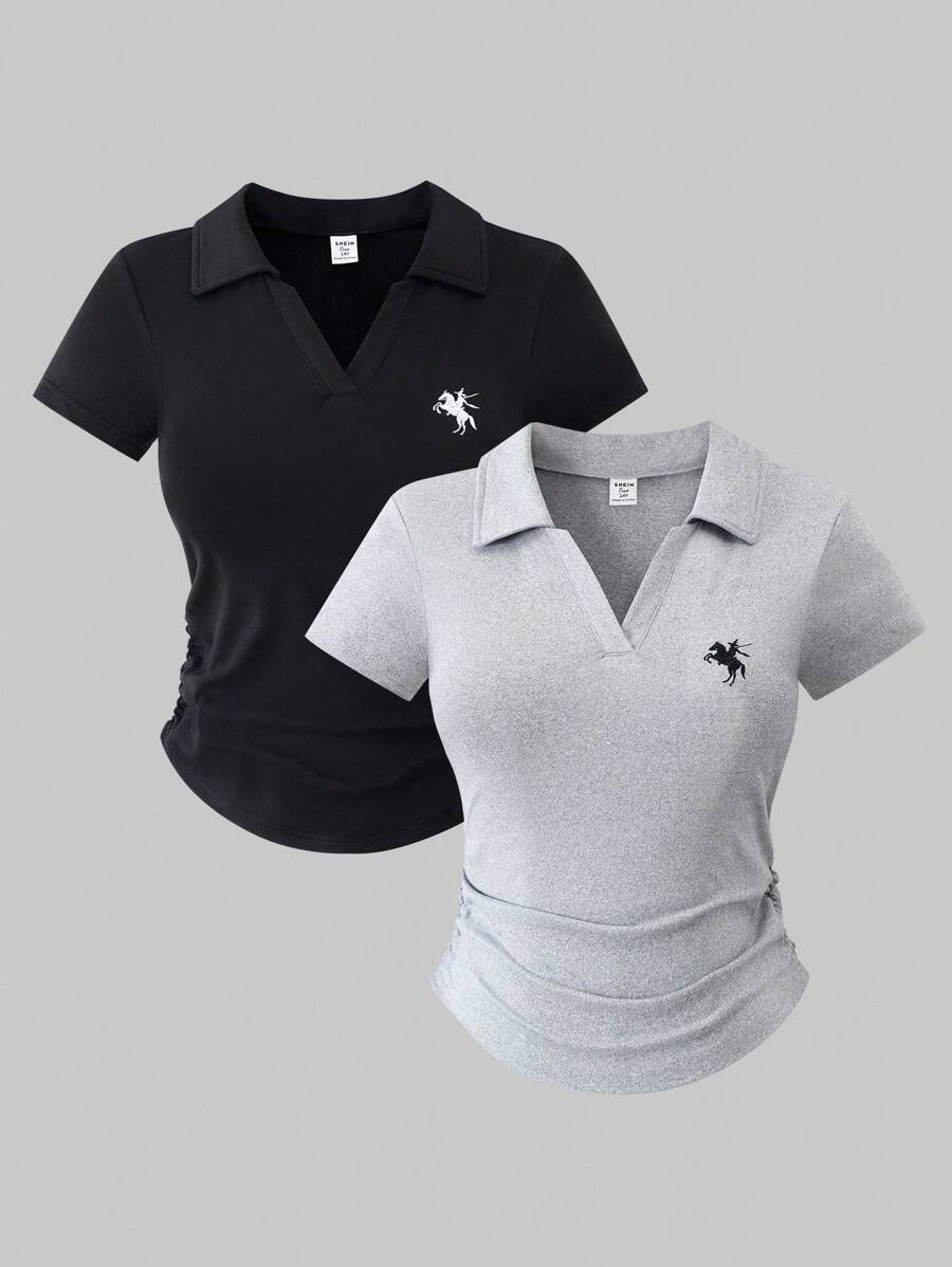 2pcs/Set Elegant Casual All-Match Solid Color Knit Long Sleeve Fitted T-Shirt Combo Pack, Versatile & Easy To Match For Teenage Girls - Multicolor - View 1