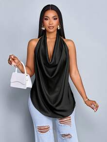 SOLERSUN Spring And Summer Women's Wear Leisure Vacation Apricot Glossy Fabric Deep V Neck Halter Straps Swing Neck Curved Hem Backless Straps Woven Fabric Vest - Black - View 3