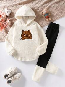 SHEIN 女童卡通熊刺繡毛絨抓絨連帽衛衣拼色內搭褲套裝，長袖，秋季穿搭，保暖休閒可愛校園風，米色黑色 - 彩色 - 查看 2