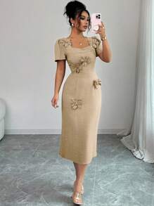 Elenzga 女式纯色方领泡泡袖中长连衣裙，带 3D 花卉装饰 - 卡其色 - 查看 4