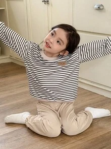 Genkimix Kids 2件套少女条纹休闲上衣+纯色休闲慢跑裤套装 - 卡其色 - 查看 6