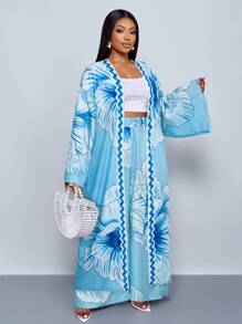 SOLERSUN 热带印花比基尼套装（含和服）夏季沙滩套装+随机印花图案比基尼两件套，女士两件套，适合海滩度假、约会、旅行大码女装 - 藏蓝色 - 查看 5