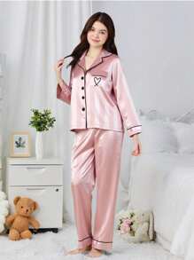 2pcs/Set Casual Satin Fabric Heart Embroidered Long Pants And Long Sleeve Top Loungewear For Teenage Girls