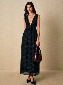 Poéselle 女式圆点印花深V领无袖连衣裙 - 黑色 - 查看 5