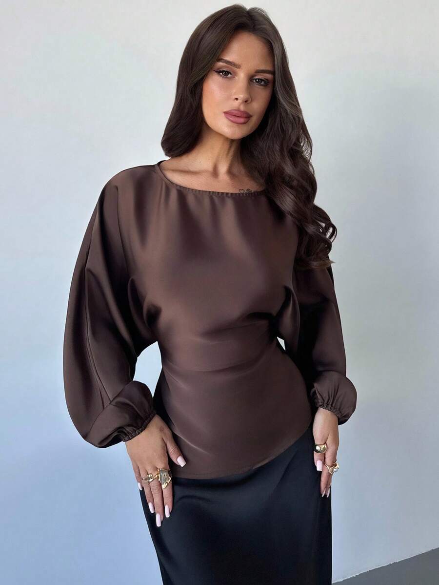 Firerie Fall Women's New Elegant Romantic Casual Urban Commute Elegant Fashion Versatile Coffee Brown Round Neck Batwing Long Sleeve Tie-Waist X-Shaped Regular Fit Blouse, Suitable For Teachers, Autumn, Fall Women Clothes,Elegant Women's Blouses - Brown - View 1
