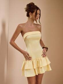 SHEIN BAE Pale Yellow Satin Strapless Backless Ruffle Hem Mini Dress,Summer Elegant Birthday Party Cocktail Formal Event Bridesmaid Dress For Women - Light Yellow - View 4