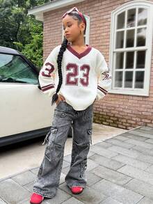 SHEIN 少女休闲舒适数字图案V领宽松针织衫，秋冬毛衣，数字图案毛衣，学院风母女装（两件分开出售），Y2K秋季棒球衫