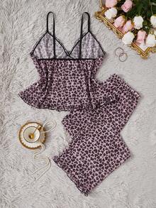 SHEIN 2 件加大码撞色蕾丝、荷叶边心形印花吊带背心和裤子睡衣套装