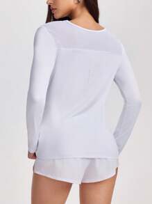 SHEIN Sports 女士纯色圆领长袖休闲运动 T 恤长袖健身衫女士女士白色运动上衣防晒衫女士长袖健身上衣白色长袖运动衫 - 白色 - 查看 3