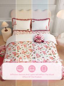 Strawberry Shortcake X SHEIN Juego de ropa de cama con volantes y estampado de fresa, apto para cama individual/doble/queen/king, dormitorio/hogar, ideas de regalo (3 piezas)