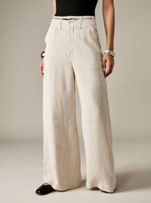 MISSGUIDED Pinstripe Wide Leg Palazzo Pants High Waisted Office Wear Business Professional Trousers With Belt Elegant Classic Workwear Fall Winter - Beige - View 1