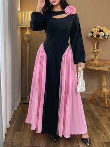 Auvina Women's Plus Size Black & Pink Patchwork Round Neck Hollow Out Pleated Long Sleeve Floral Decor Maxi Dress, Spring/Autumn