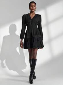 Almamuse-D Black Textured V-Neck Ruffle Trim Casual Dress For Women, Spring/Autumn Fall Cloth For Women - Black - View 6