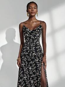 Almamuse Robe élégante pour femmes avec bretelles fines, encolure drapée et fente haute à l'ourlet - Noir - Voir 5
