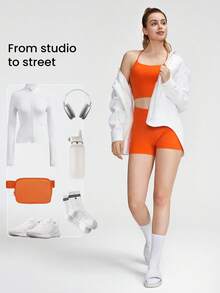 GLOWMODE FeatherFit™運動內衣和8英寸短褲套裝，背部帶綁帶運動內衣背心和高腰側口袋運動車手短褲，適用於低衝擊度瑜伽日常跑步健身夏季訓練 - Orange Ignite - 查看 8